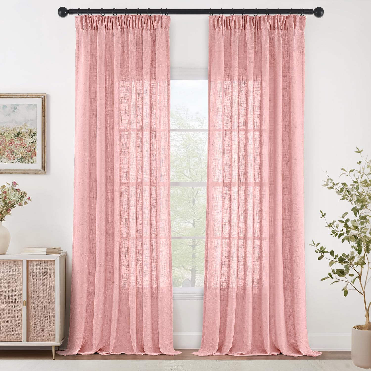 MIULEE Juego de Cortinas de Lino Translúcido de Dos Piezas Cortinas Modernas para Dos Puertas de Balcón Cortinas para Salón Dormitorio 2 Piezas Rosa 225x140cm (HxL)