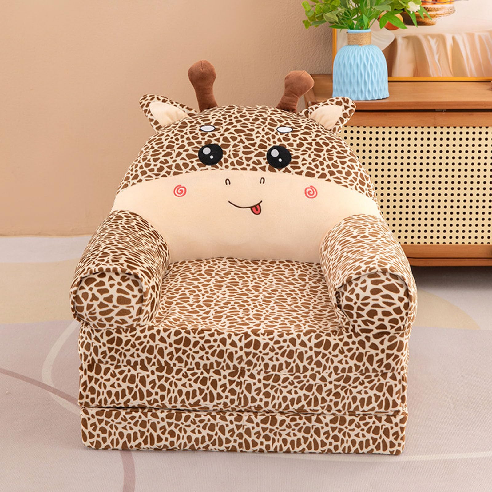 Sofá plegable para niños, sillón reclinable, sofá plegable 2 en 1 para niños, bonito sofá de dibujos animados sin relleno ni núcleo acolchado (caqui, 120 x 55 x 20 cm)