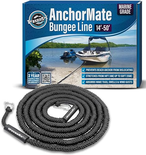 WavesRx 14'-50' AnchorMate Bungee Line | Safer Anchoring for Boats & Pontoons | Elastic Rope Extends to Absorb Wake Tugs and Keep Anchor from Dislocating | Includes Bag, Stainless Steel Hook & D Ring