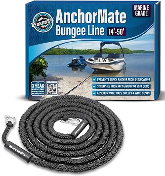 WAVESRX AnchorMate Bungee Line | Boat Bungee Dock Lines for Boats, PWCs & Kayaks | Absorbs Shock from Swells & Wind, Prevents Anchor Dislodging | Perfect for Anchoring, Mooring & Tethering