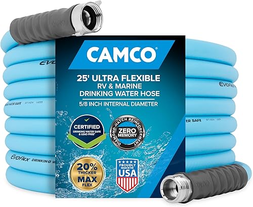 Camco EvoFlex - Manguera de agua de 25 pies  Manguera de agua potable para autocaravana no contiene plomo, sin BPA ni ftalatos, diseño flexible con