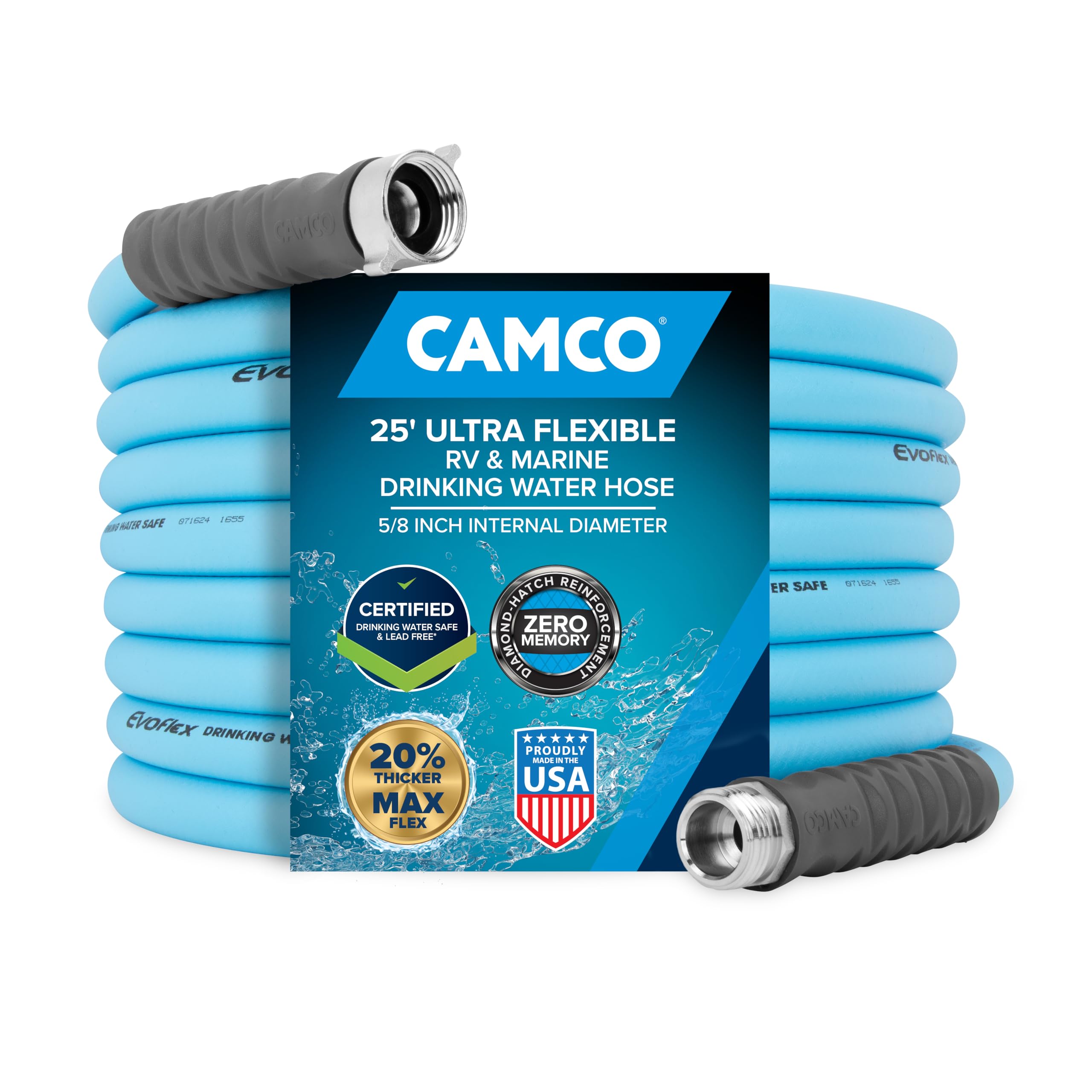 Camco EvoFlex 22591 - Tubo per acqua potabile, 6,5 m, presenta una struttura extra flessibile, scarichi della tensione in acciaio inossidabile su ogni estremità del tubo, ed è ideale per camper e uso