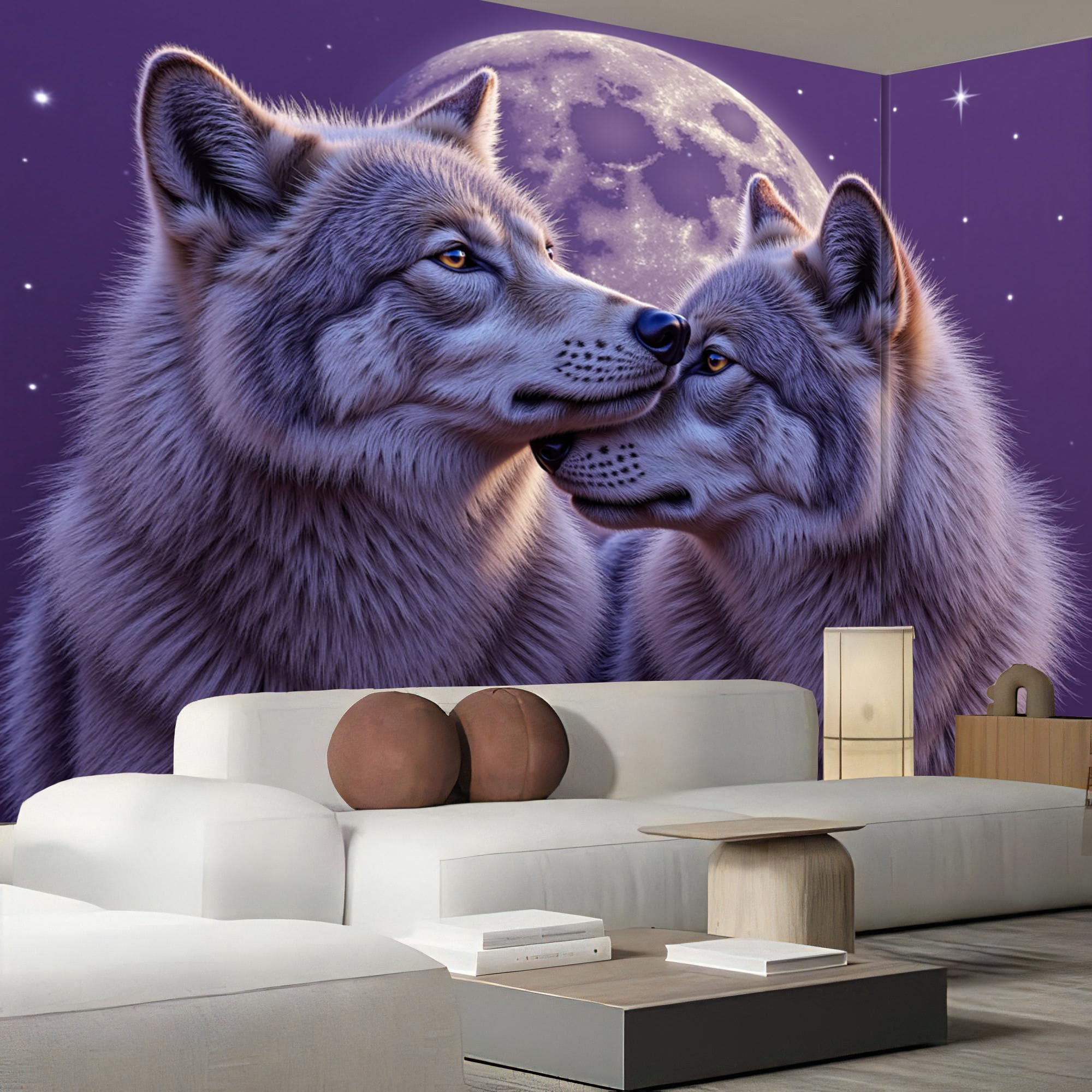 Papier peint panoramique loup pour effacer la monotonie des murs du salon 350x256cm