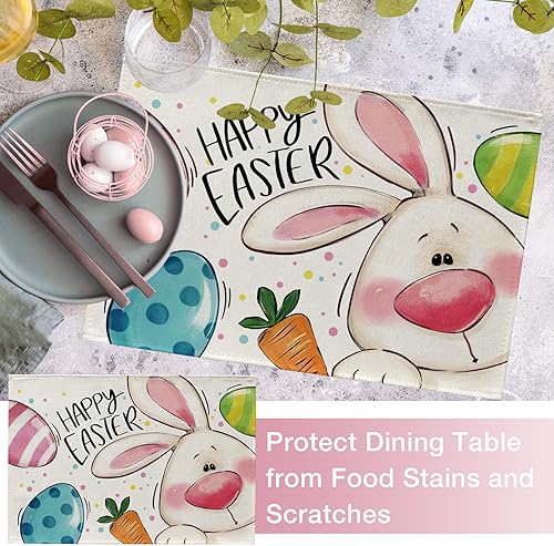 Miniatura 5 de Seliem Juego de 4 manteles individuales con diseño de conejo de Pascua, lindos huevos de conejo, zanahoria, lunares, rayas, manteles individuales