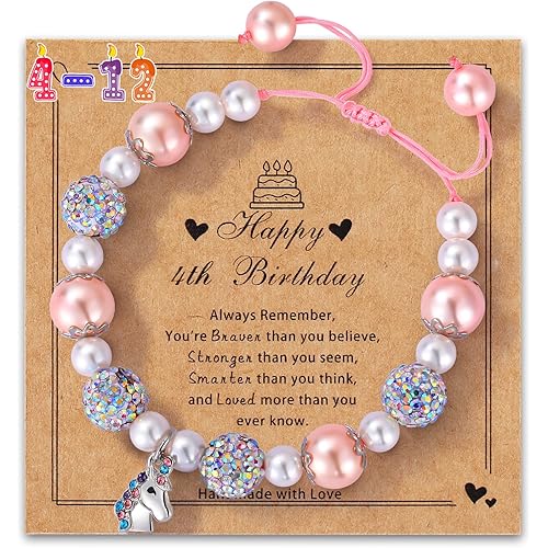 Unicorn Birthday Gifts for Girls, Back to School Adjustable Pink Pearl Bracelet Christmas Gifts for 4-12 Year Old Daughter Niece Granddaughter Teen Girls