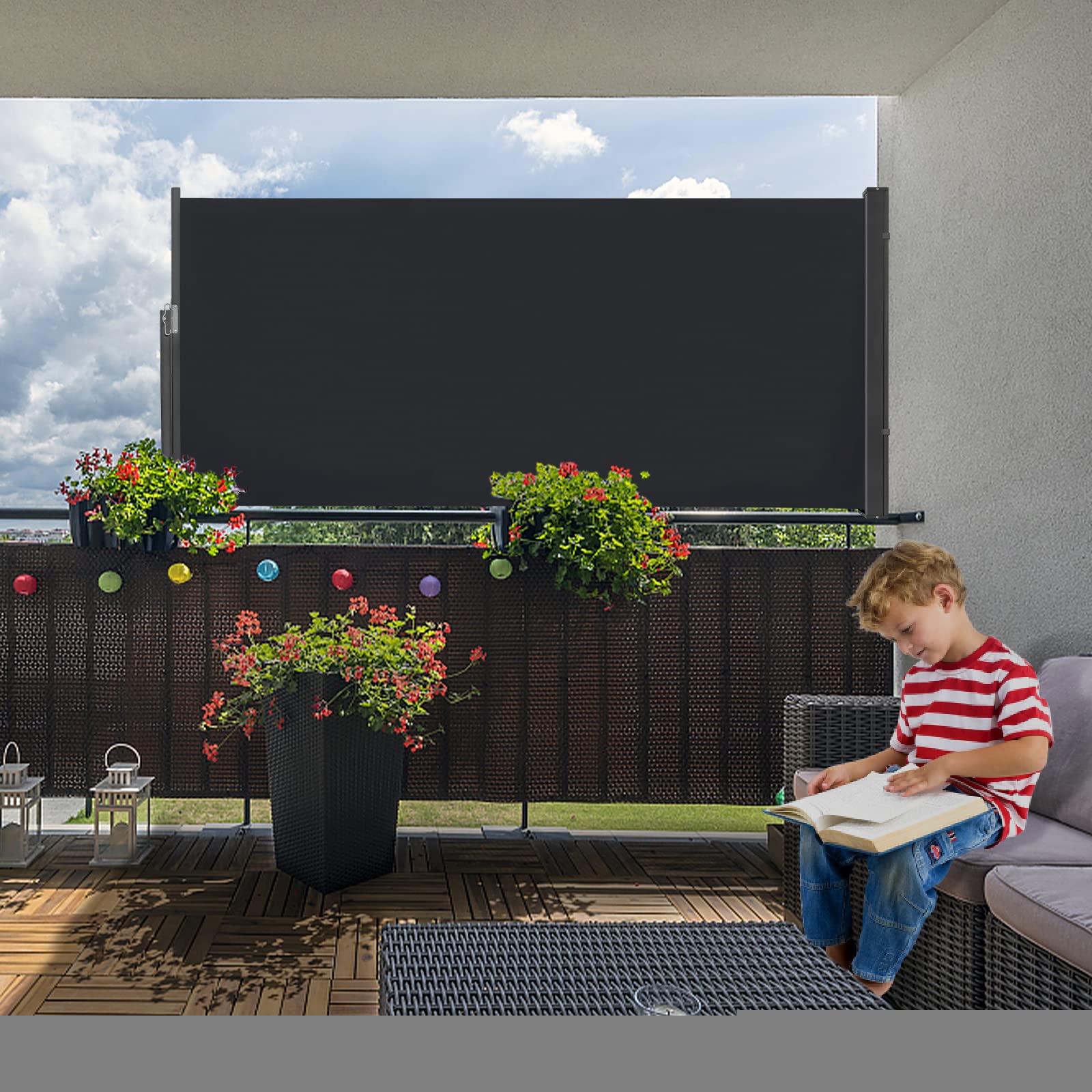 UISEBRT Tenda da sole laterale estensibile, 100 x 300 cm, per balcone, tenda da sole, protezione dal vento per terrazza, balcone, giardino, antracite
