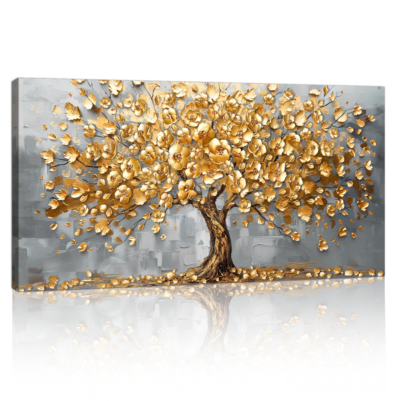 Large Golden Blooming Flower Tree Canvas Wall Art, Framed Ash-gold Metallic Fortune Tree Paintings Nature Plants Canvas Prints Wall Pictures Artwork for Living Room Bedroom Office Wall Decor 50x100cm — image 1