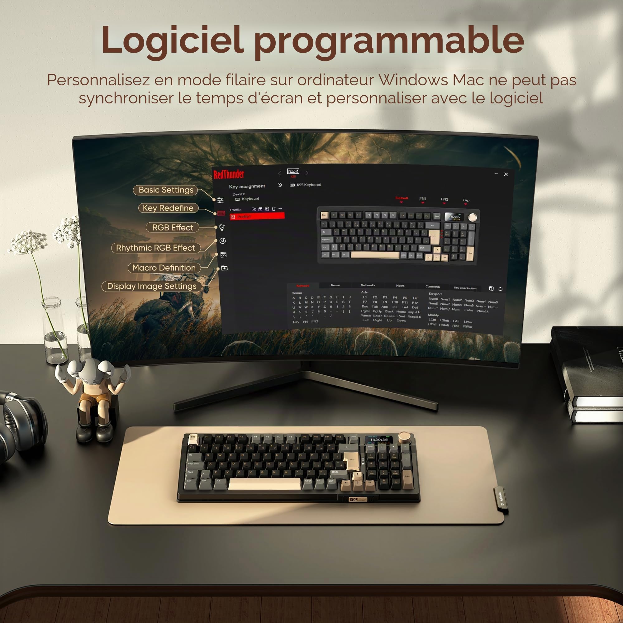 RedThunder K95 Clavier de jeu mécanique sans fil 1,88" QWERTZ 96 touches Gasket BT/USB-C/2,4 GHz logiciel échange à chaud interrupteur rose linéaire RVB PBT