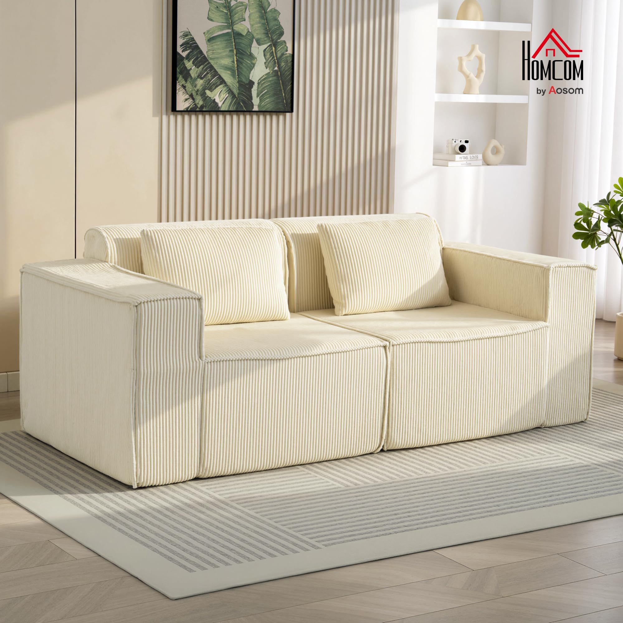 HOMCOM Sofá de 3 Plazas con Acolchado Grueso en Pana 202x90x76 cm Beige | Sofá de Salón, Asiento Extra Profundo, Reposabrazos Anchos, 2 Almohadas
