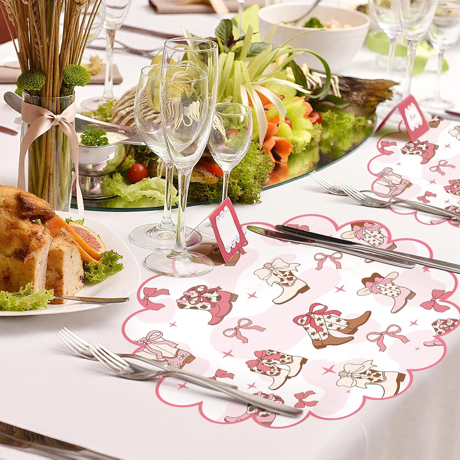 100 Pcs Cowgirl Party Paper Placemats 13.5 Inch Scalloped Pink Bow Paper Placemat Disposable Coquette Decorative Table Mat for Western Themed Birthday Bachelor Baby Shower Wedding Decoration