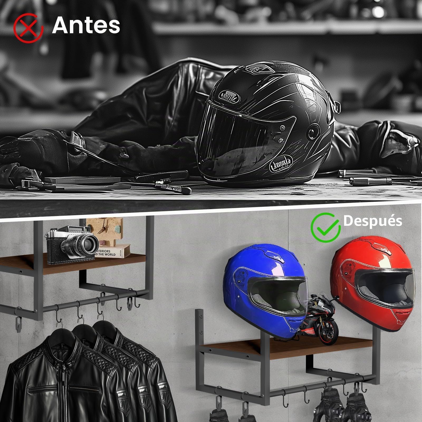 Soporte de pared moto para casco, colgador casco moto pared Perchero con tablas de capas de madera, 2 soportes para casco, fútbol y equipo de ciclismo, Marrón oscuro