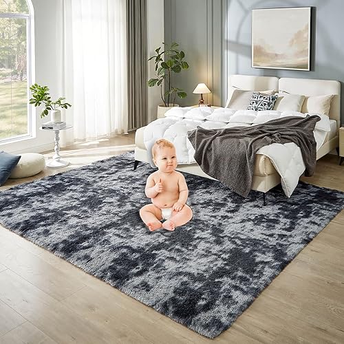 Miniatura 11 de Floralux Alfombra negra de 5 x 7 pies para dormitorio, ultra suave, esponjosa, para sala de estar, alfombra moderna antideslizante para el suelo