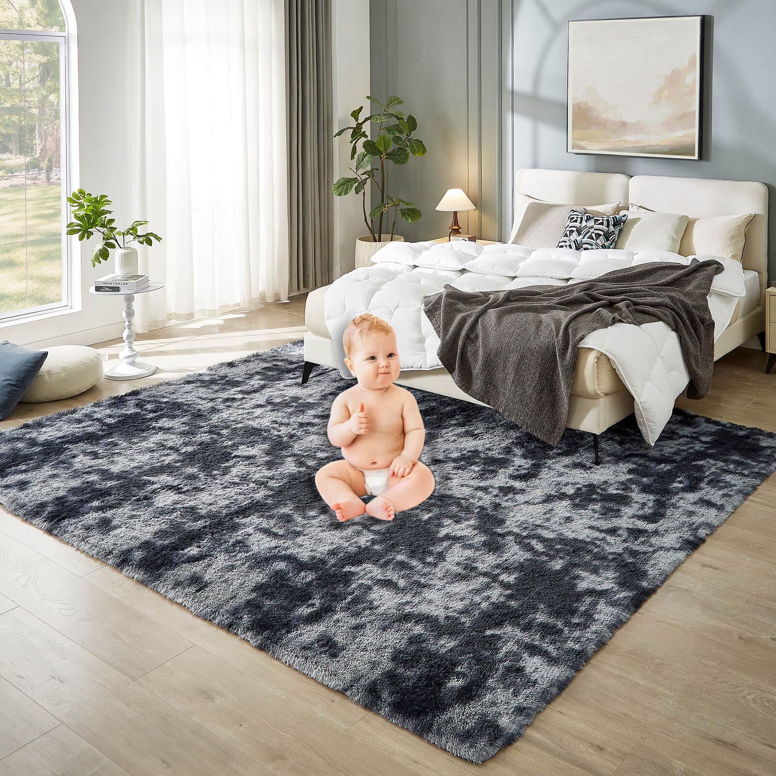 Floralux 8x10 Rugs for Living Room, Tie-Dyed Dark Grey, Ultra Soft Large Shag Bedroom Rug, Fluffy Plush Modern Floor Carpet