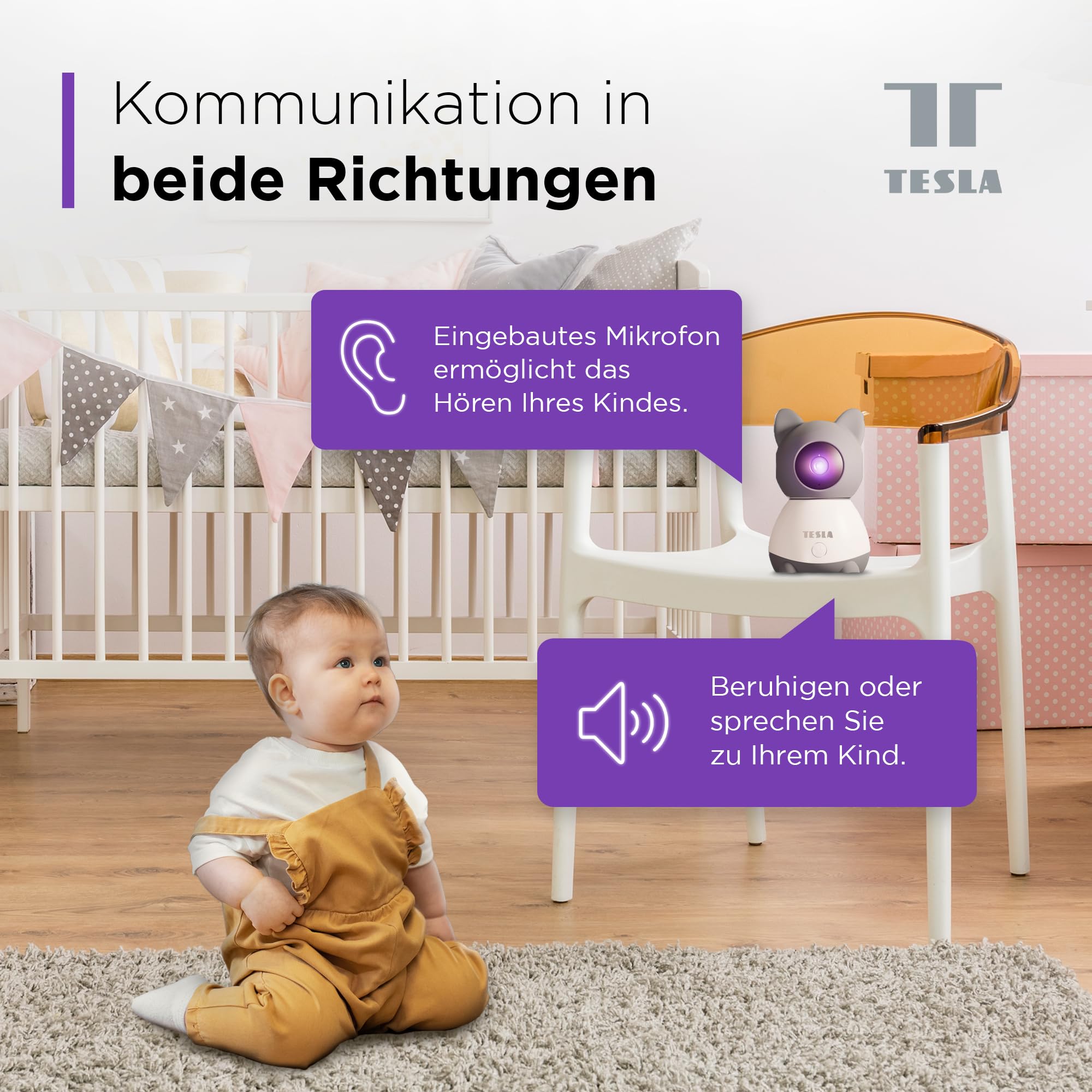 TESLA Smart Baby Camera B250, 2K 3MP, baby monitor con fotocamera e controllo app, rilevamento del movimento, visione notturna, audio bidirezionale, telecamera di sorveglianza WLAN interna