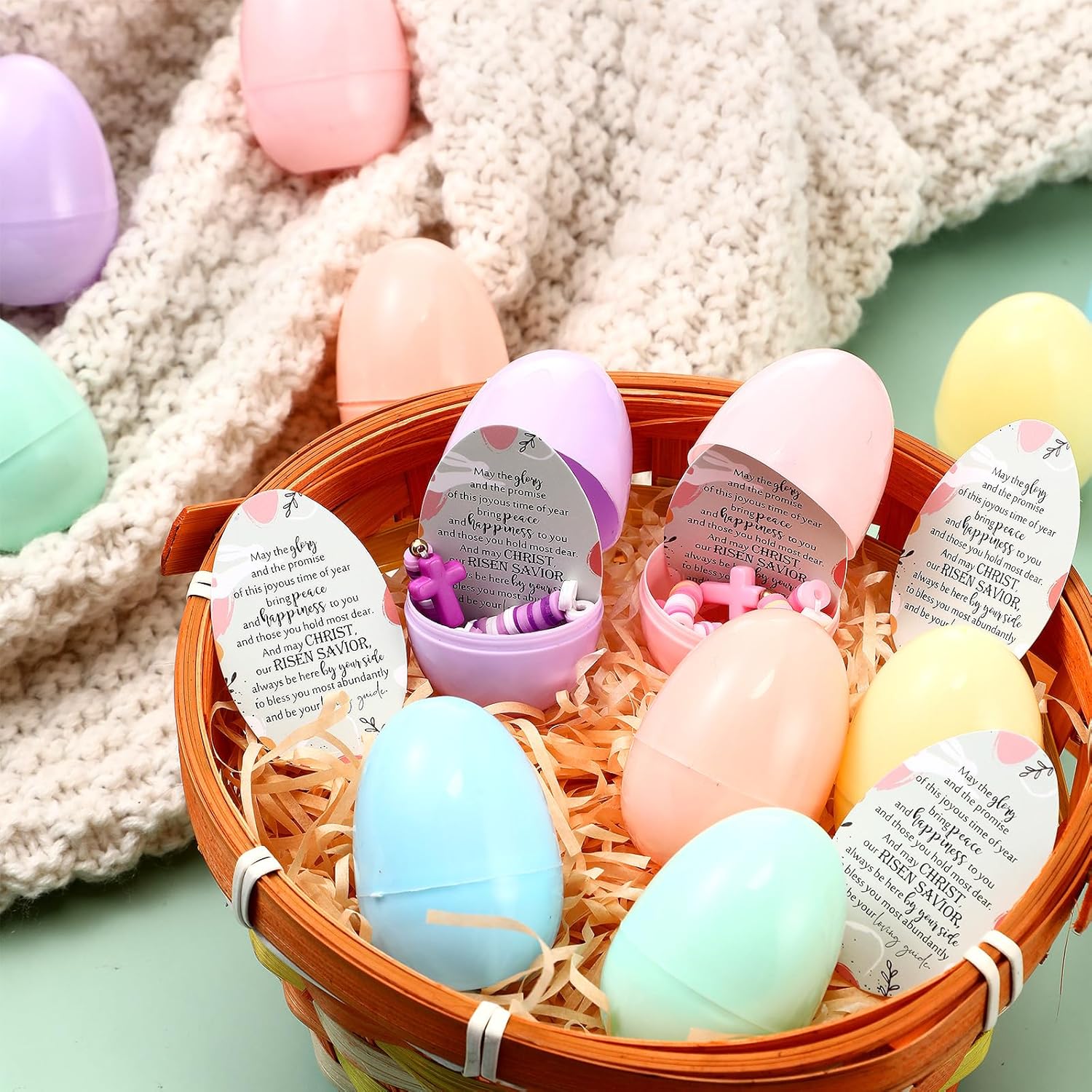 Landical 36 Sets Religious Easter Eggs Fillers Christian Empty Eggs with Colorful Cross Bracelets Prayer Cards Resurrection Christian Easter Decor for Basket Stuffers Party Favors