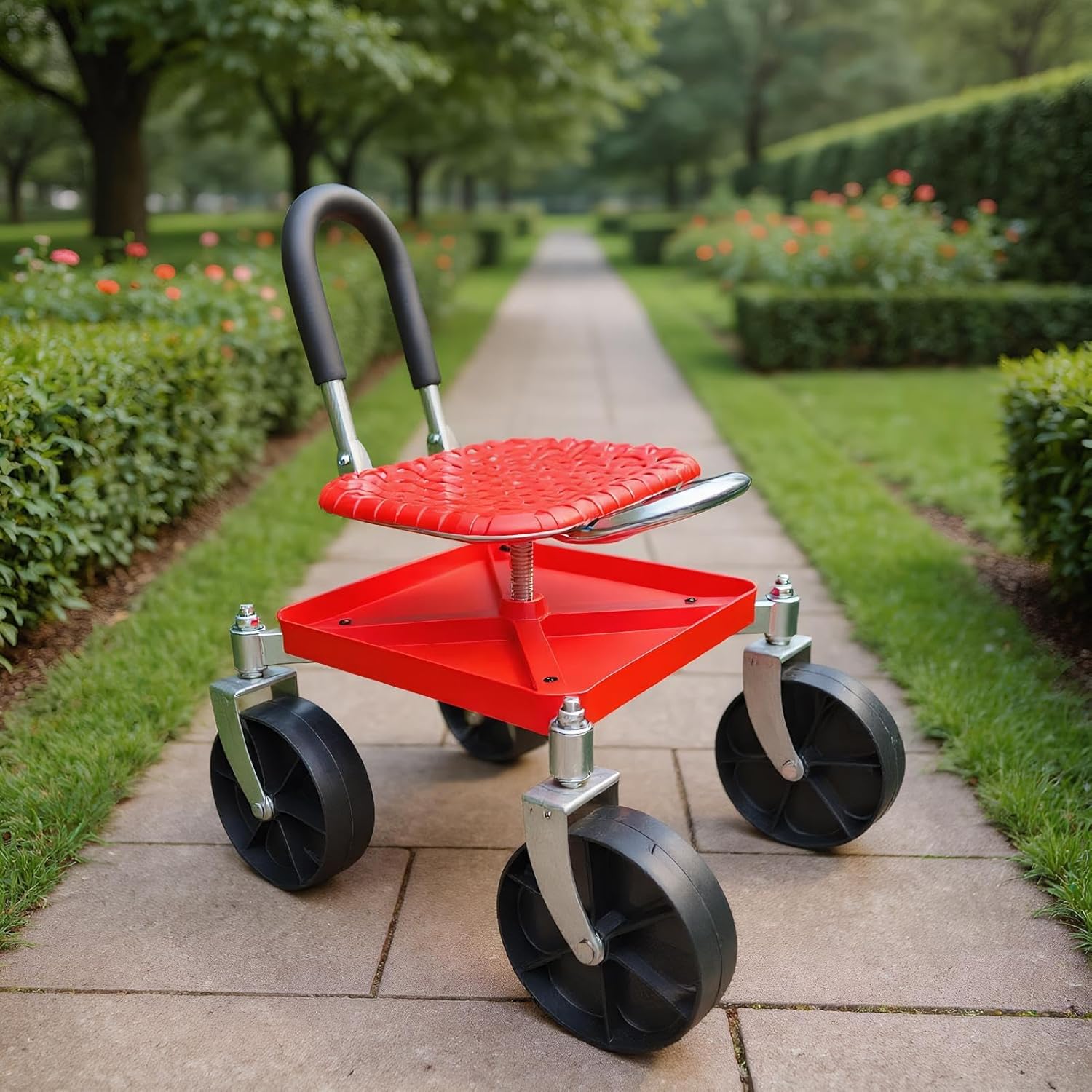 車輪付きガーデンシート, 折りたたみ可能 ガーデンローリングスツール 背もたれ付き, 屋内 庭 芝生 ガレージ 育苗 剪定用作業椅子