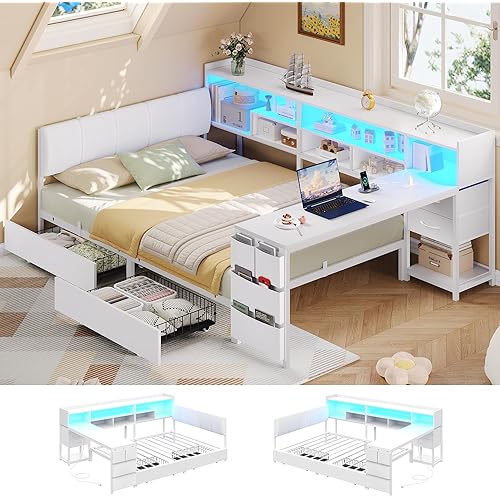 Corner Twin Bed Frames with 6 Storage Bookcase, Corner Bed with 4 Storage Drawers, Twin Corner Bed with Study Desk and Upholstered Headboard, Twin Daybed with LED Lights & Charging Station, White