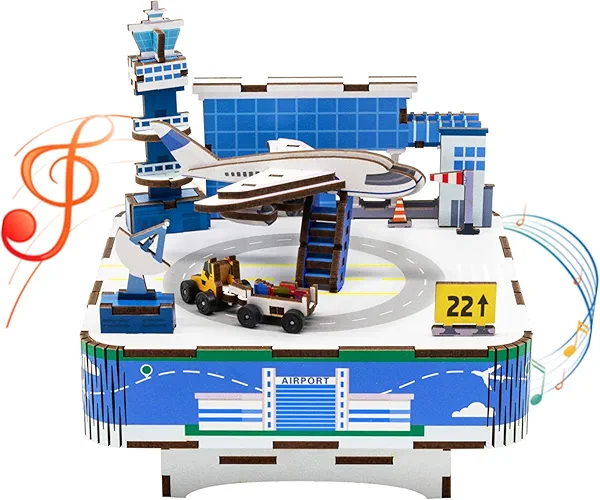 Mievayo 3D Wooden Puzzles Airport Model DIY Rotating Music Box Kit for Teen Boys and Girls-Birthday Gifts and Toys for Kids（Airport Model Music Box）