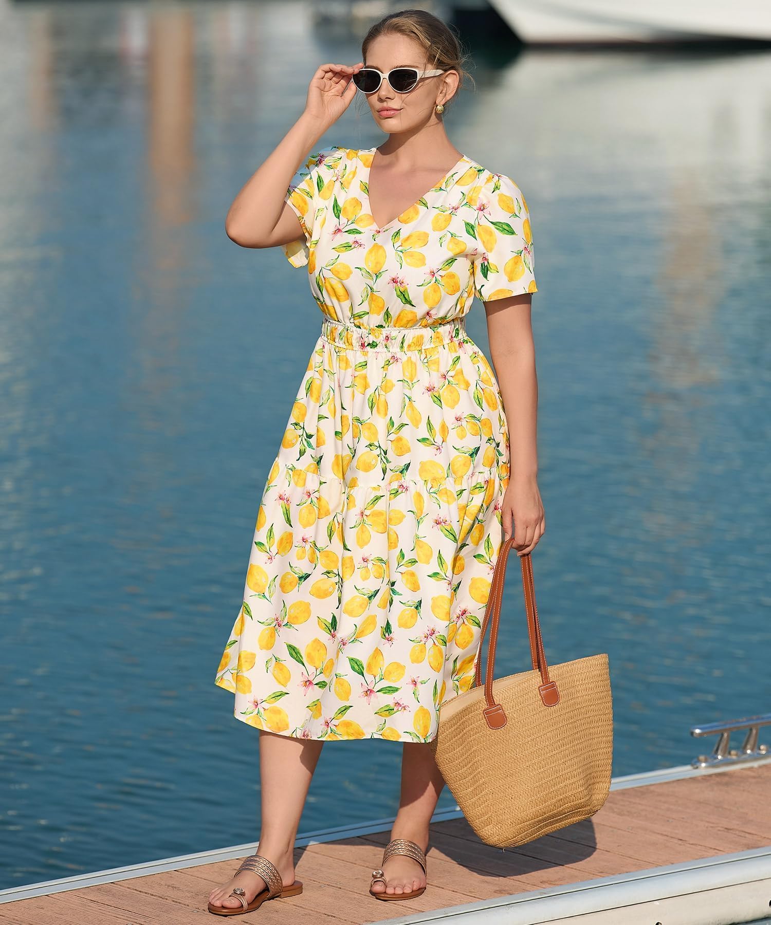 RITERA Kleid in Übergröße, für kurvige Frauen, V-Ausschnitt, kurzärmelig, langes Sommerkleid, gesmokt, Strand, Urlaub, Hochzeit, Böse, Größe XL - 5XL