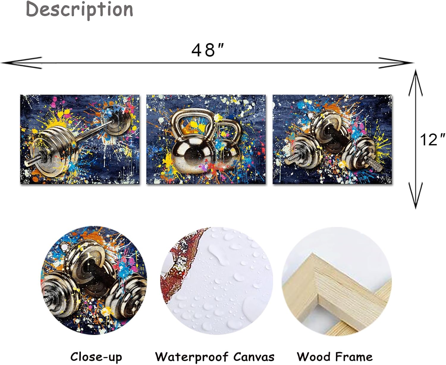 Artmyharbor Fitness Wall Art 12x16 Banksy Barbell Kettlebell Dumbbells Canvas Prints Workout Motivation Decor