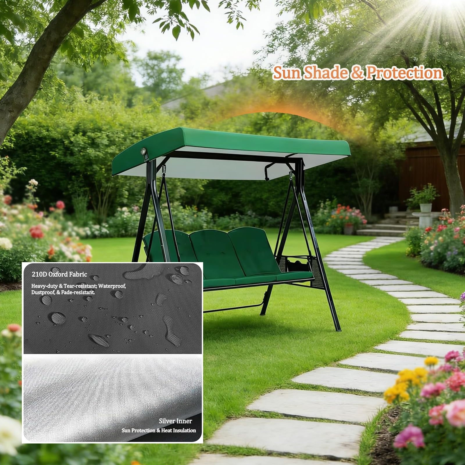 Tettuccio per Dondolo Tetto di Ricambio 3 Posti,Impermeabile e Protezione Solare Copertura per Dondolo da Giardino 190 x 120cm,Copri Superiore Baldacchino di Scorta per Tettuccio Arcuato,Beige
