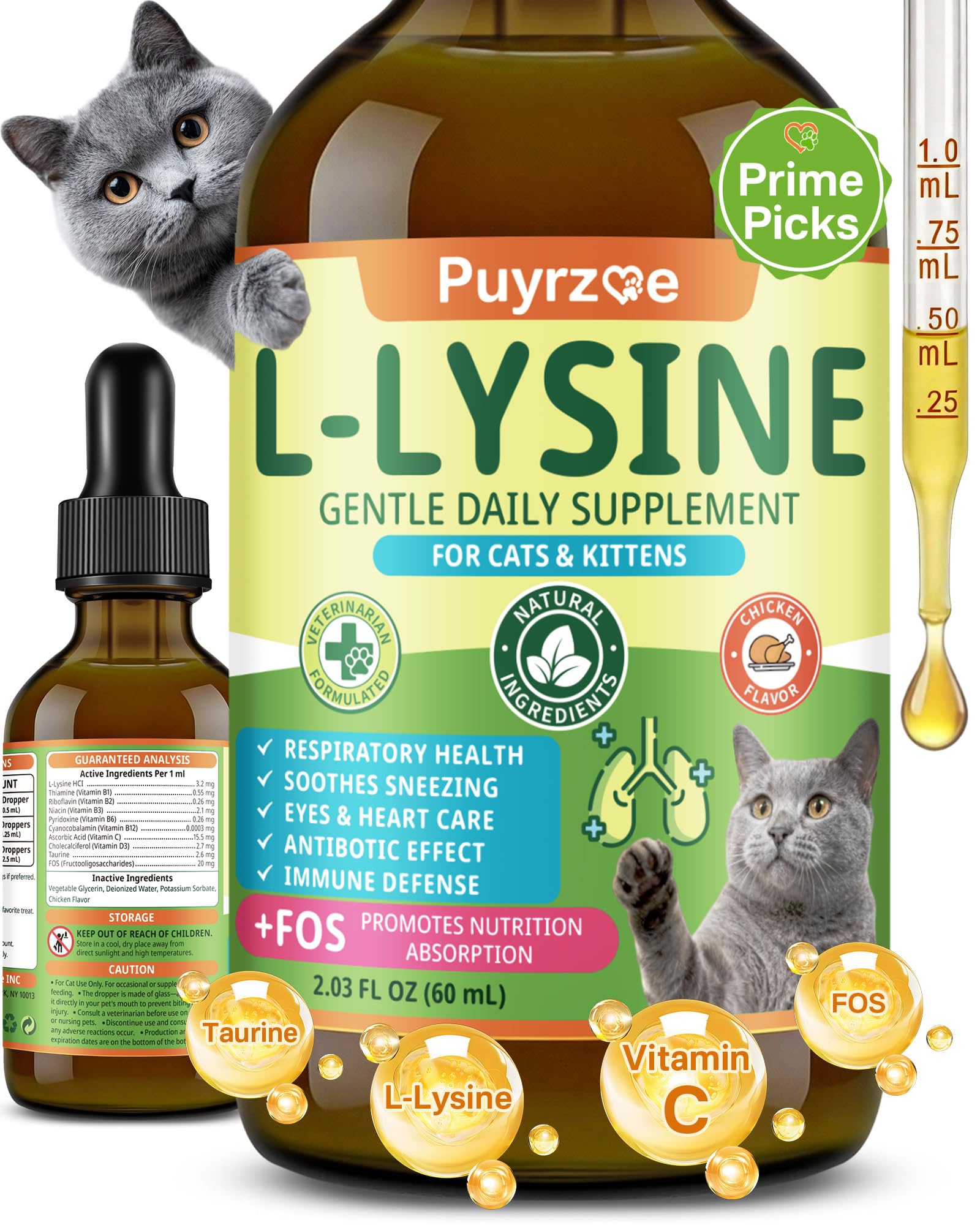 Puyrzoe L-Lysine for Cats Drops – Sneezing, Runny Nose & Watery Eyes Relief, Liquid Cat Lysine Supplement for Immune & Respiratory Support with Taurine & Vitamins, to Boost Energy & Appetite, 60 mL