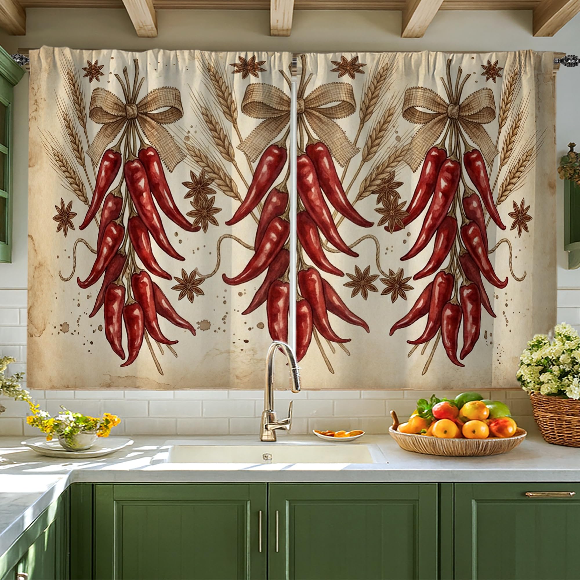 Rideaux de cuisine rouge automne style rustique Chili Peppers à passe-tringle durable