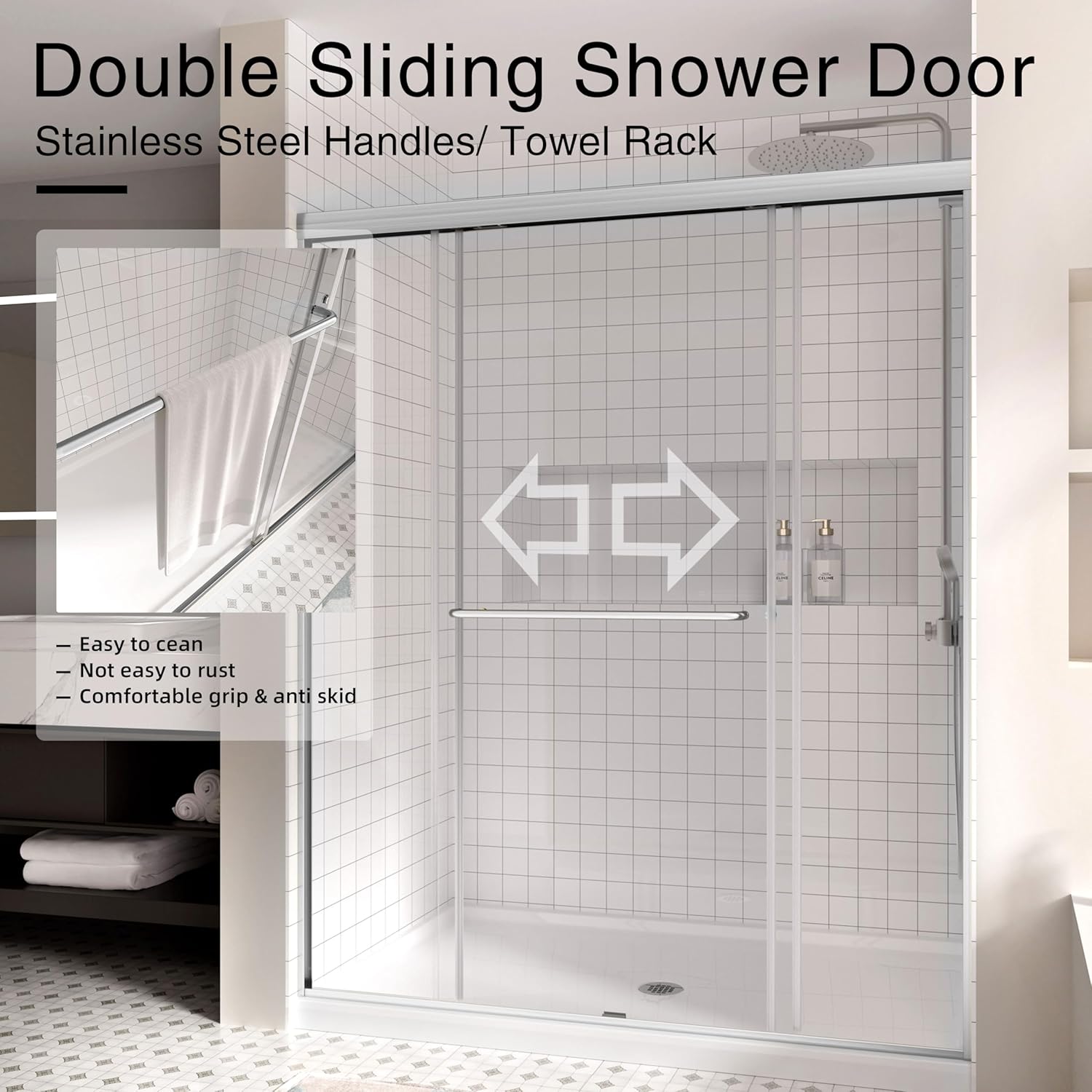 Semi-Frameless Sliding Shower Door 56-60" W x 72" H, 6mm SGCC Tempered Glass Brushed Nickel Hardware, Retractable Waterproof Shower Screen for Walk-in Bathroom & Bathtub Use