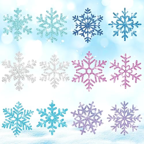 Zonon 48 Pcs Paper Snowflake Cutouts Decorations Winter Christmas Glitter Snowflake Cutouts for Office Bulletin Board with Glue Point Dots Home Party Accessories, Silver, Blue, Purple, Pink