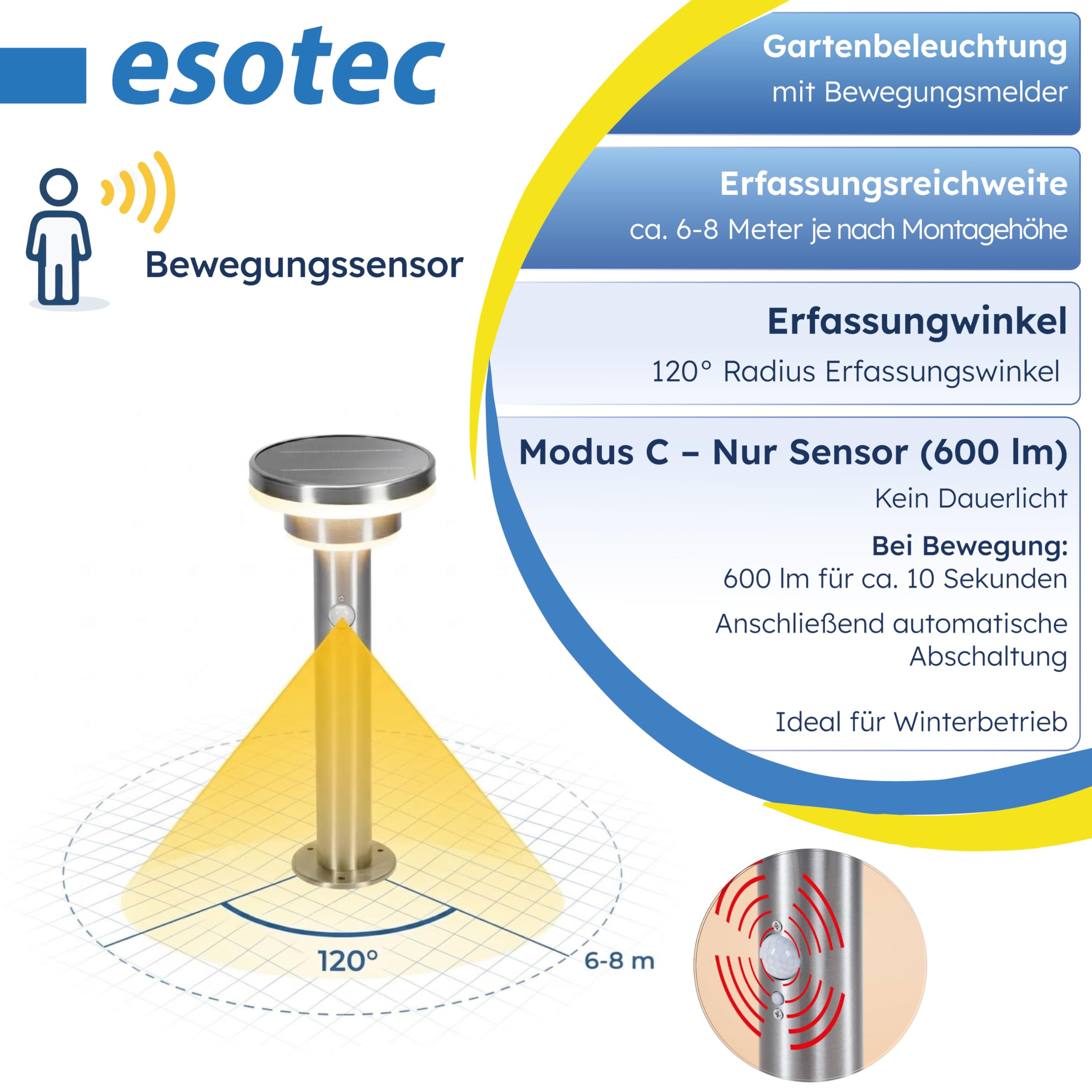 esotec Solar Wegeleuchte Modena 45 cm mit Bewegungsmelder, Solarleuchte für Außen Garten, LED Gartenbeleuchtung Solar 600 lm, warmweiß, IP44, 102754