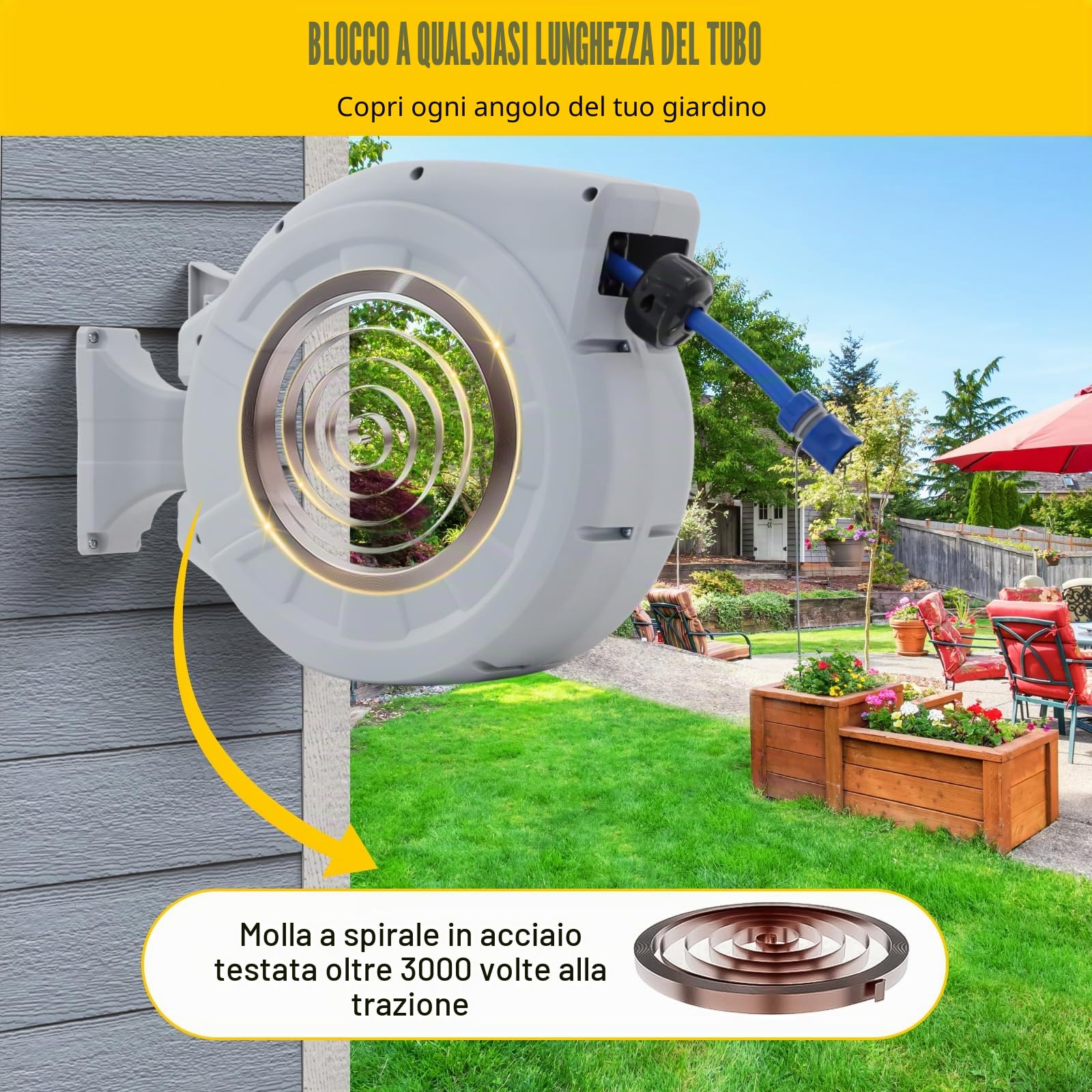 Scatola per tubo da parete 30m con avvolgitubo automatico – Erogatore a pistola con 8 funzioni, supporto a parete orientabile a 180°, 2 ugelli inclusi, per irrigazione del giardino e pulizia dell'auto