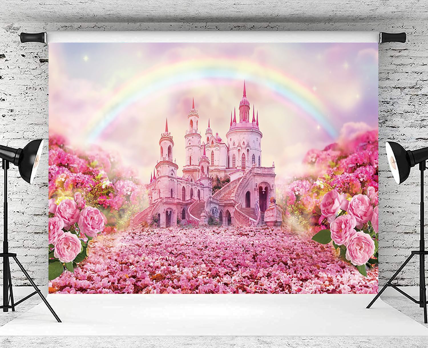 Fond de Château de Princesse 3x2,5 m, Château Rose Fantastique Fleurs Arc-en-Ciel Photographie Fond Filles Anniversaire fête de Mariage Photo Studio Shoot