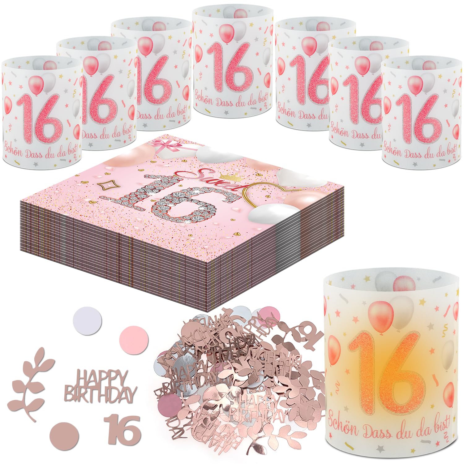 Ezydka Deko zum 16 Geburtstag Mädchen Set tischdeko 16 Geburtstag Mädchen | Windlichter Tischdeko Geburtstag mit Servietten Windlicht Tischdeko Konfetti für Party Deko, Geburtstagsdeko