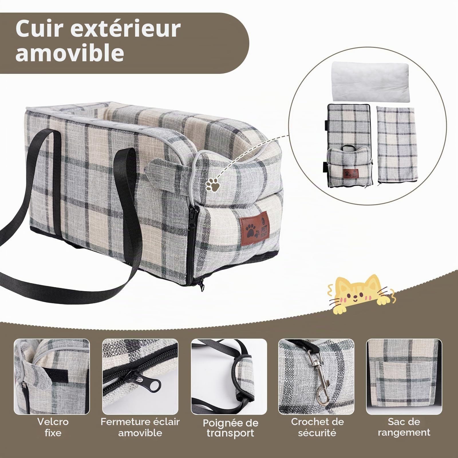 Siège Auto Chien Petite Taille 2en1 - Panier Voiture, Sac Transport Avant avec Oreiller Lavable et Amovible pour Chien et Chat