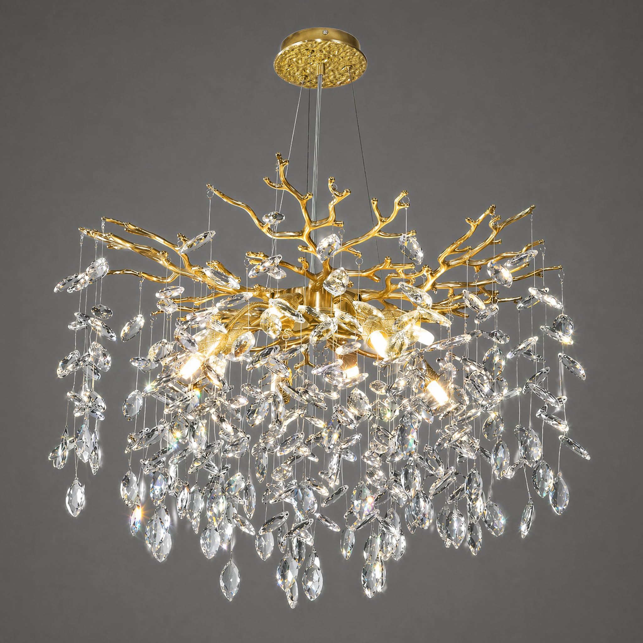 Photo 1 of kvtinmty 24'' Modern Tree Branch Crystal Chandelier Luxury Gold K9 Crystal Chandelier 9-Light Crystals Pendant Chandeliers for Dining Room Living Room Bedroom Kitchen Entryway