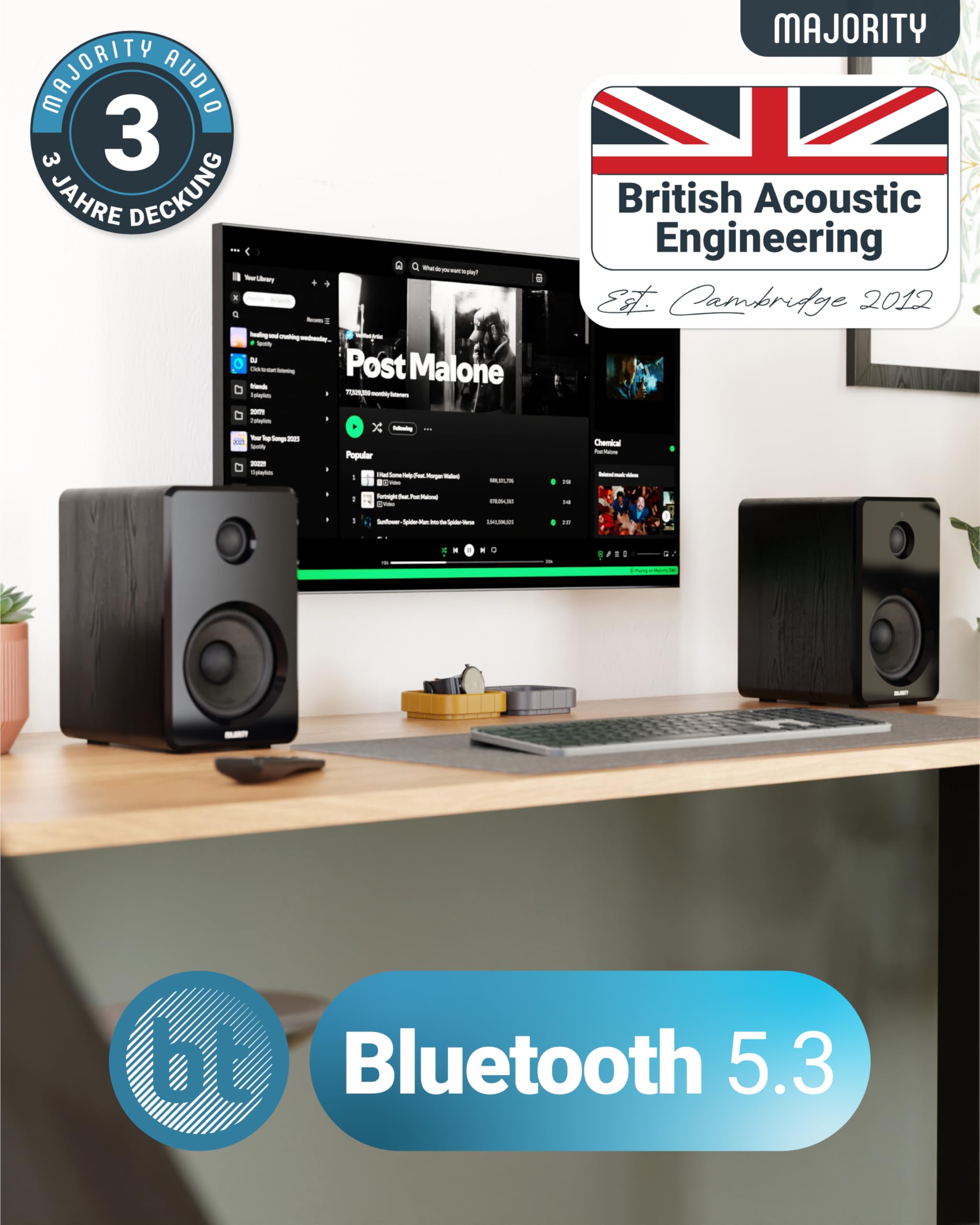 MAJORITY D40 Bluetooth Lautsprecher Boxen | 60W 2.0 Aktivlautsprecher | Studio Monitor mit 4"-Treiber | Regallautsprecher für HiFi Stereo mit Optischer, USB- und AUX-Eingang | Fernbedienung
