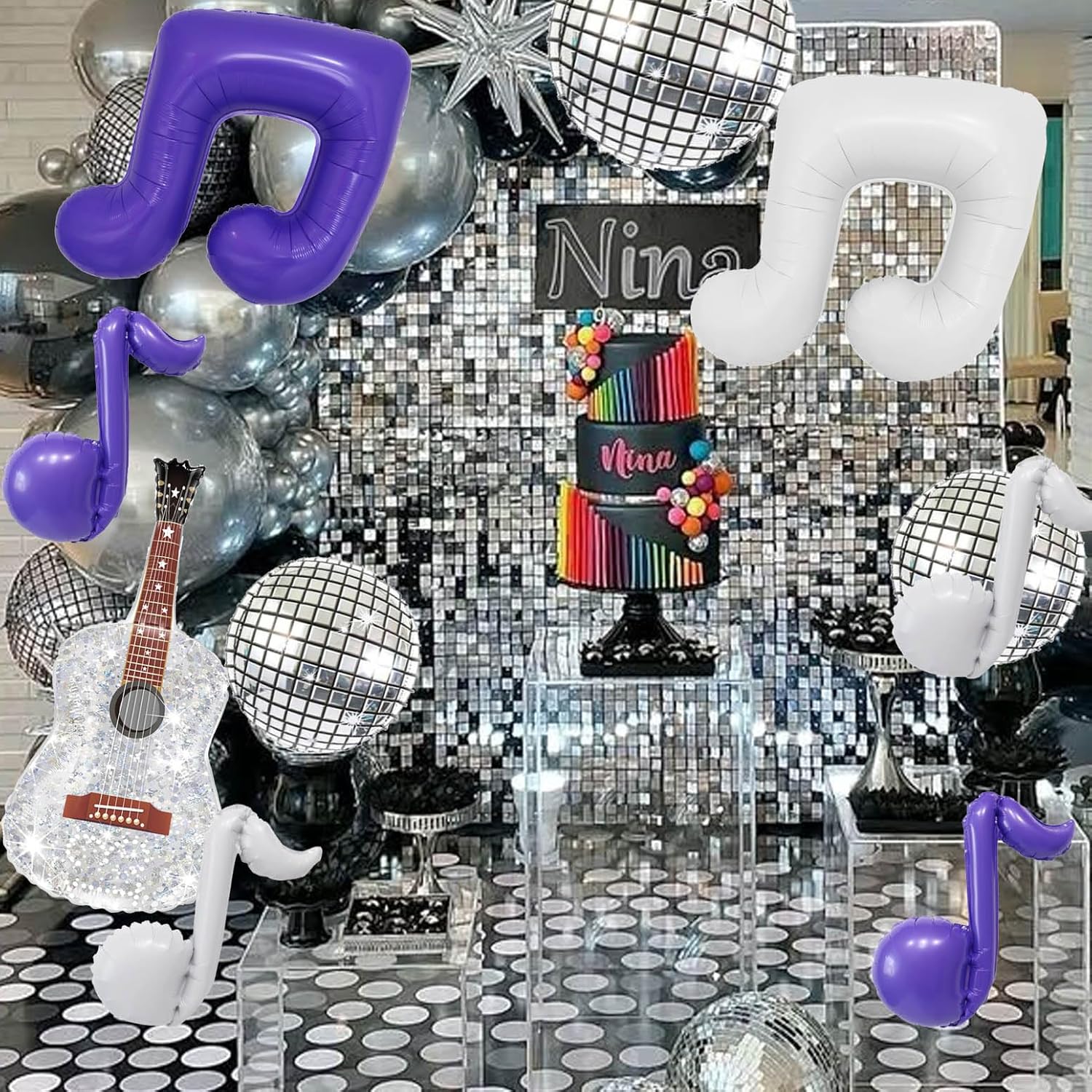 9 Pcs Music Note Balloon Set - 4D Iridescent Disco Ball Balloon & Guitar Foil Balloons for Popular Singer Birthday/Kpop Korean Idol/70s 80s Rock and Roll/Concert Party Decorations/Music Decor