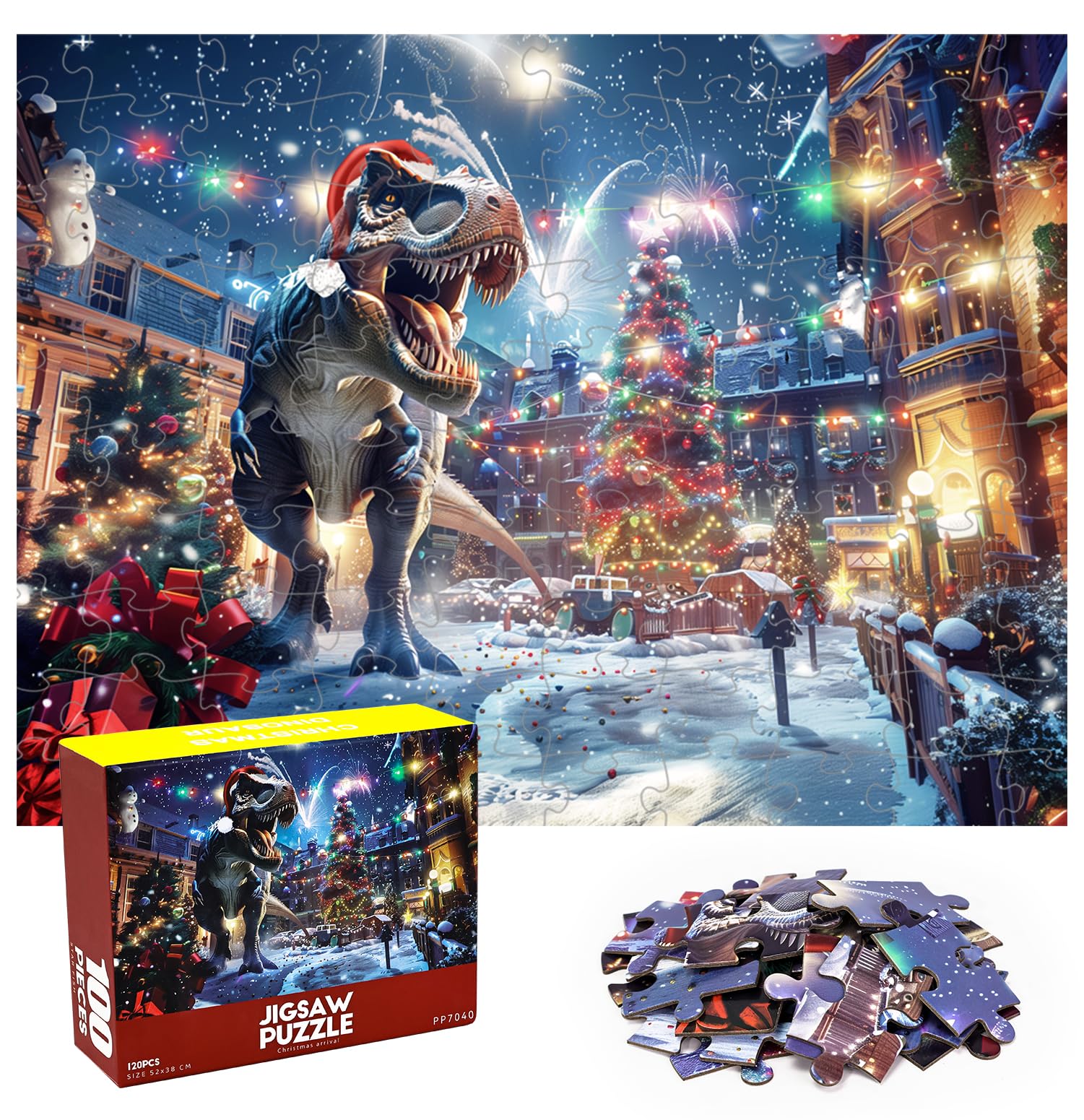 SietDESEO 100 Pieces Christmas Puzzle for Kids 15 x 20.5 Inch Christmas Dinosaur Puzzle Christmas Tree Jigsaw Puzzle for Kids Xmas Puzzle