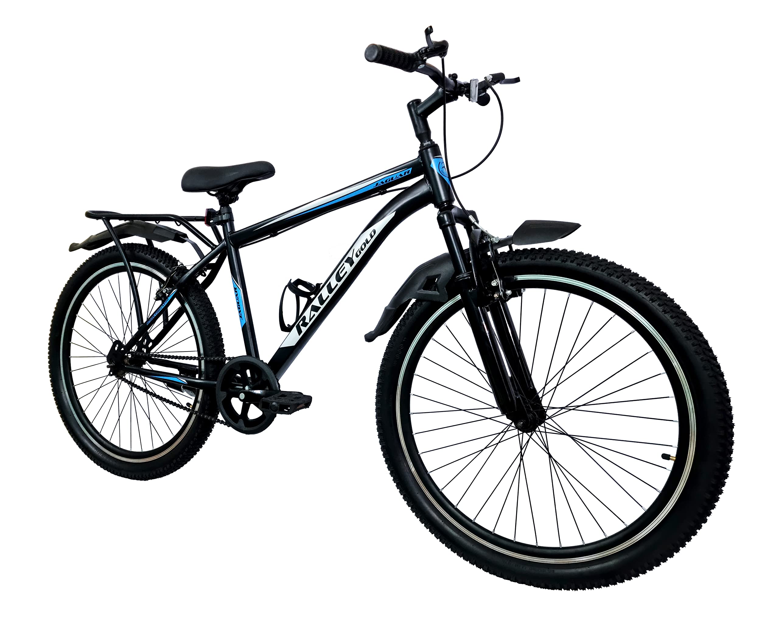 RALLEY GOLD Jaguar Series 26T Full Size Bicycle with Carrier | Front Suspension | Double Wall Alloy Rims | Single Speed | Matt Finish | Power Brakes (V-Brakes) (Black/Blue) (B0BNQGRDZM) Amazon Price History, Amazon Price Tracker