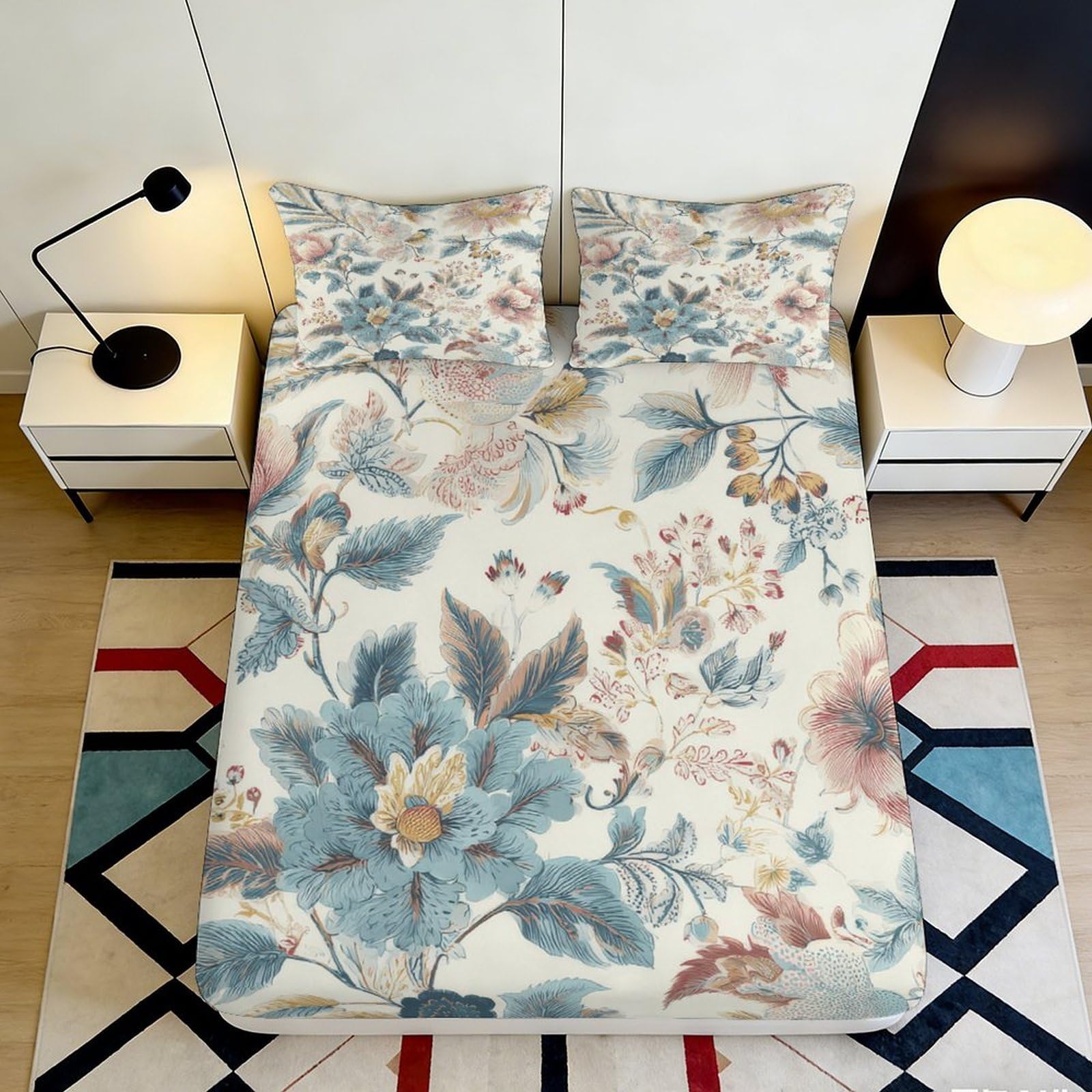 3D Printed Blue Floral Fitted Sheet Microfiber Soft Botanical Leaves Mattress Cover for Bedroom Guest Room Decor 90x200x25cm
