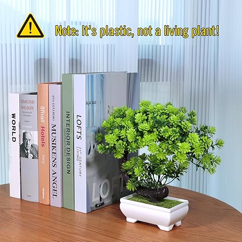 Miniatura 2 de Bonsái de escritorio de pequeñas plantas artificiales, plantas falsas de plástico verde para decoración del hogar, estantería interior, escritorio