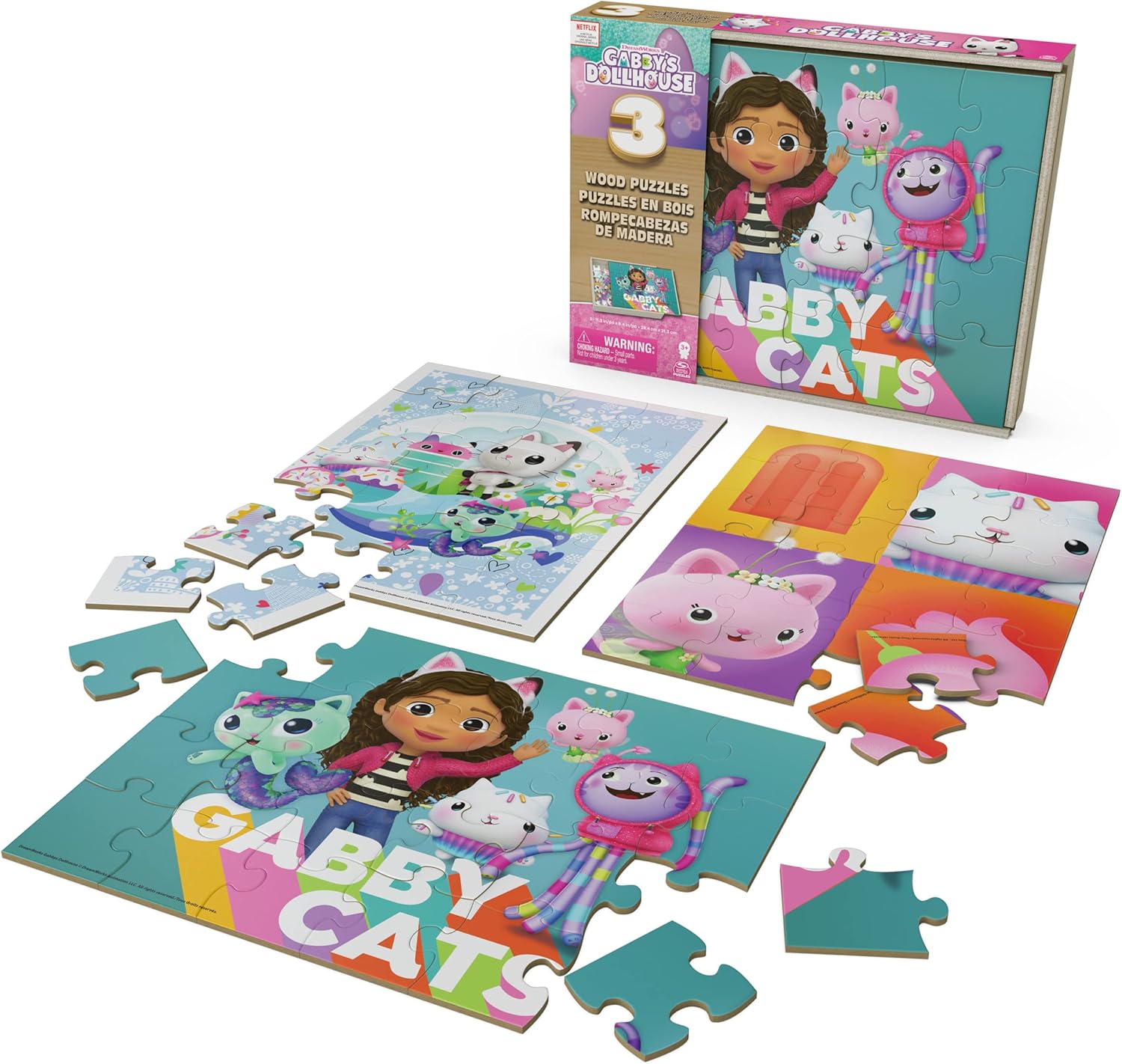 Gabby's Dollhouse Wooden Puzzle Collection, 3 Meow Tastic Puzzle Motifs with Sturdy Wooden Box for Storage, Each Motif Consists of 24 Pieces, Puzzle Fun for All Gabby Fans from 3 Years