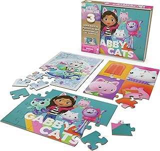 Spin Master Games Gabby's Dollhouse, 3 Houten puzzels, 24-delige legpuzzel Met Houten opbergdoos, kinderpuzzels, voor kleuters vanaf 3 jr