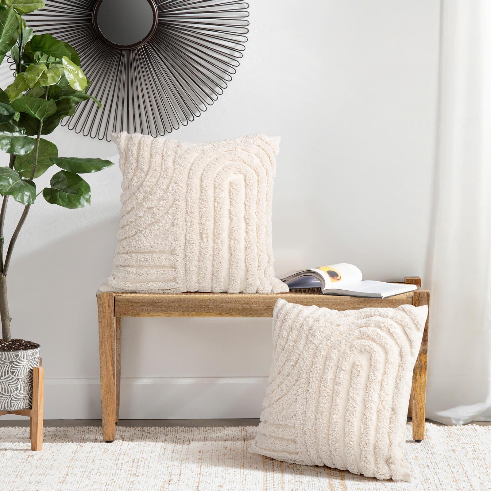 AELS Federe Cuscino Quadrate 50x50 Cm Con Frange E Righe | 2 Pezzi In Misto Lino Beige Con Cuciture Bianche/Nere | Design Bohémien Jacquard | Cerniera Visibile - 4