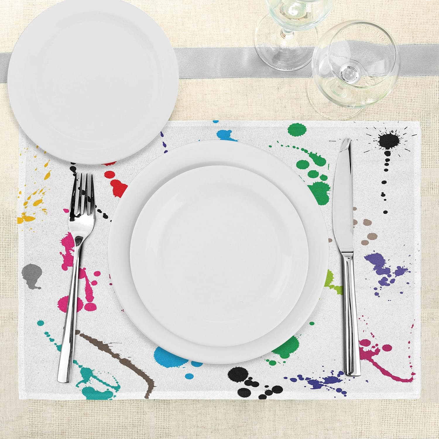 Lunarable Colorful Place Mats Set of 4, Abstract Paint Splashes on White Background Expression Creativity Theme, Washable Fabric Placemats for Dining Room Kitchen Table Decor, Multicolor