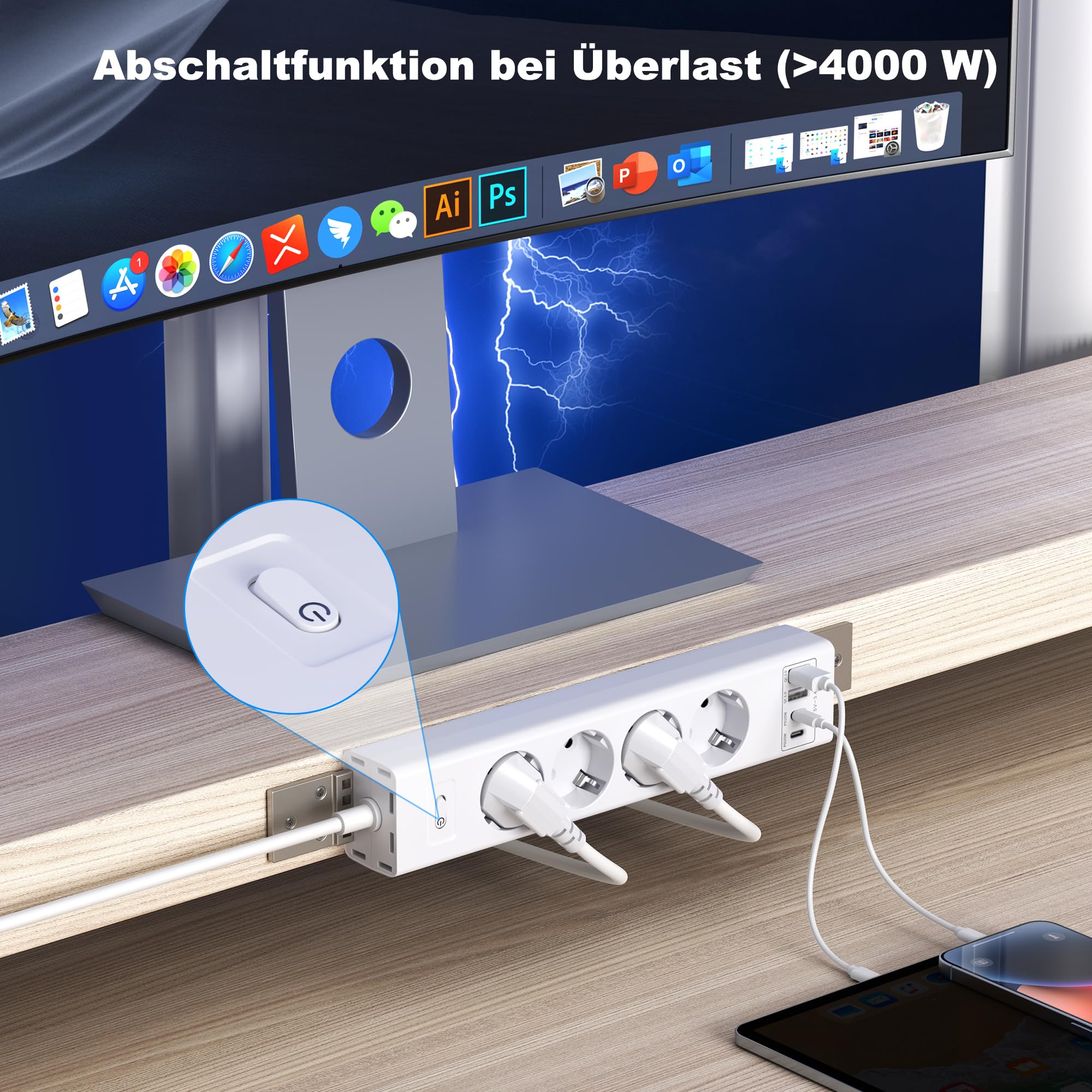 Listwa zasilająca z 4 gniazdami do montażu pod stołem, 2USB-C (PD20W) + 2USB-A (QC3.0 18 W), 4000 W, z wyłącznikiem przeciążeniowym, niewidoczne rozwiązanie do zarządzania kablami, kabel 2 m