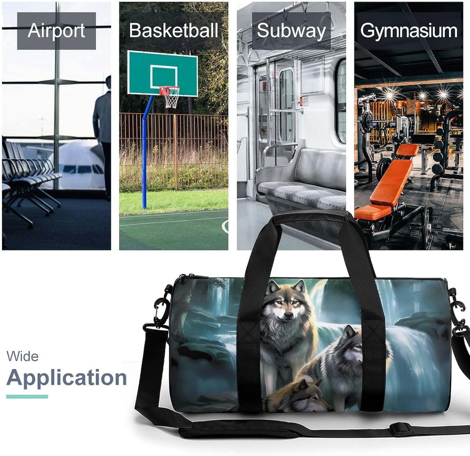 Wolf Sunrise Waterfall Print Gym Sport Bag Travel Duffel Bags Weekender Carry on Tote Bags for Women Men