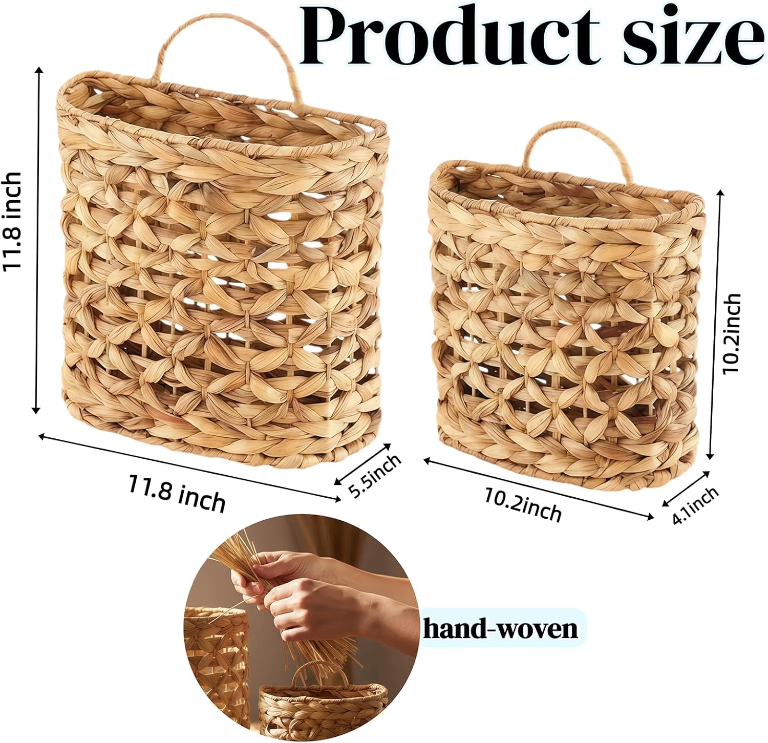 Set of 2 Wicker Wall Hanging Basket, Natural Water Hyacinth Hanging Wicker Decorative Basket, Handmade Woven Storage Organizer for Front Door Mail Flowers Garden House Wedding Wall Decorations