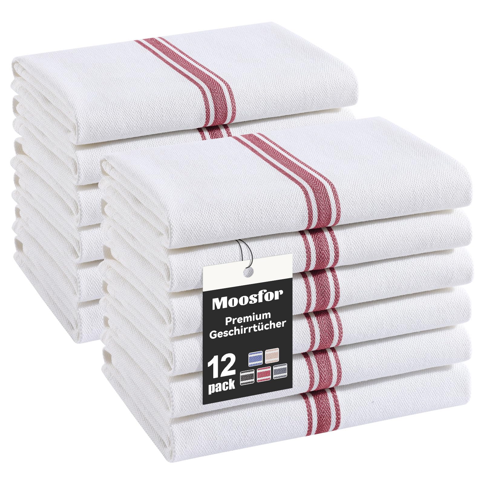 Moosfor Premium Geschirrtücher 100% Baumwolle, 12er Set 38 x 64 cm, Saugstarke&Langlebige Küchentücher, Oeko-TEX Zertifizierte Geschirrhandtücher Weiche Dicke Spüllappen, Gastronomiequalität, Rot