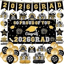 59Pcs Graduation Decorations 2026 Backdrop Balloons Banner Centerpiece Hanging Swirls Grad Class of 2026 Decorations for kindergarten K-12th College Any Grade Black Gold Themed